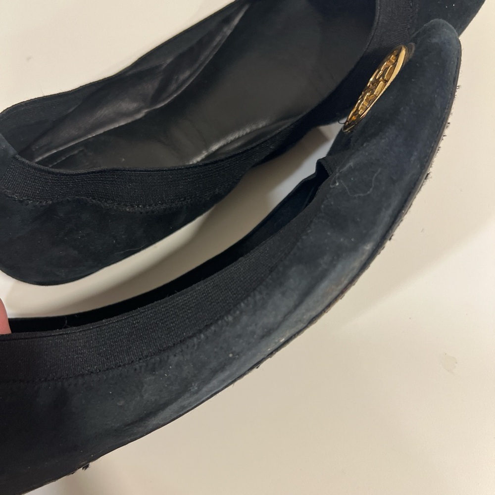 Tory Burch Black Suede Logo Ballet Flats with Gold Emblem - Picture 3 of 4